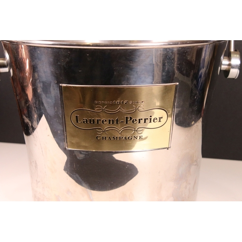 187 - Large Laurent Perrier metal champagne ice bucket for six champagne bottles, handle with leather deta... 