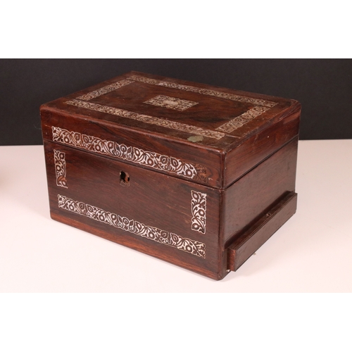 201 - Antique sewing box with mother of pearl inlay detail, lift up shelf to interior and pull out lower d... 