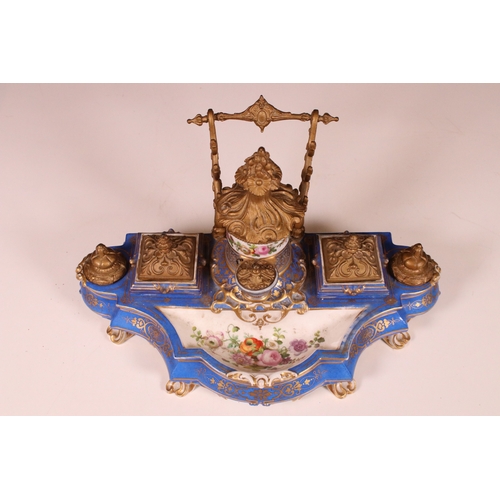 204 - Sevres style porcelain ink and pen stand with blue ground, floral decoration, ormolu mount and lids