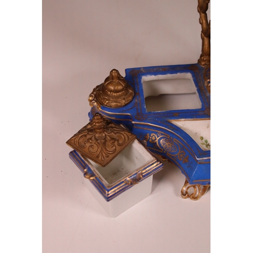 204 - Sevres style porcelain ink and pen stand with blue ground, floral decoration, ormolu mount and lids