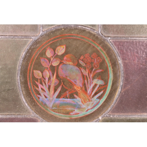 205 - 20th Century glass panel / window pane with bird and flower scene to centre and coloured rectangular... 