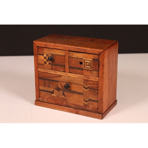 213 - Japanese hardwood parquetry inlaid three drawer jewellery cabinet, 10cm high together with an Italia... 