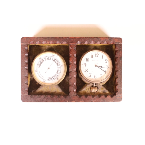 214 - Bright and Sons Ltd 8 days pocket watch and barometer set housed within a wooden carved edge case, W... 