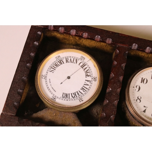 214 - Bright and Sons Ltd 8 days pocket watch and barometer set housed within a wooden carved edge case, W... 