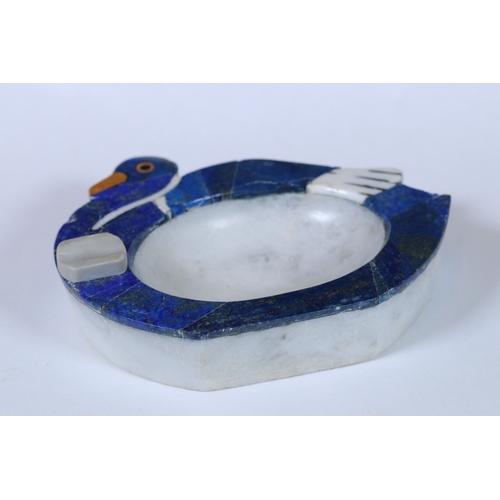 229 - Art Deco lapis lazuli, jasper and marble dish in the form of a bird, 13cm long