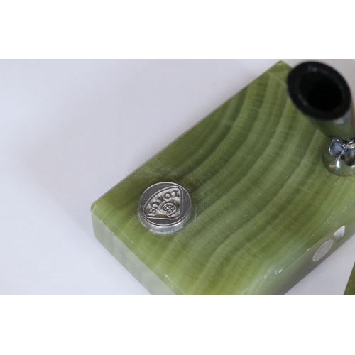 236 - A collection of six desk top pen holders, green agate bases adorned with car makers badges to includ... 