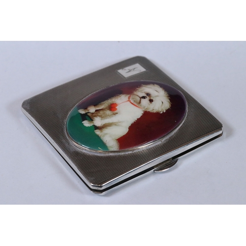 267 - Knurled silver case with later applied enamel pictorial plaque circa 1940