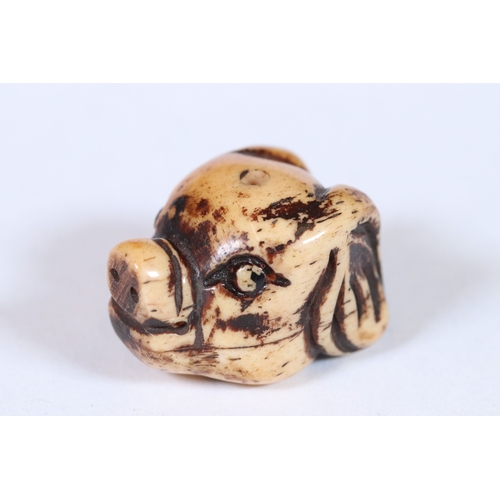 282 - Three bone miniature netsuke / figures to include Chinese dragon panel, Chinese Dragon and dogs head