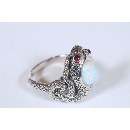 284 - Silver snake ring with large opal to the body