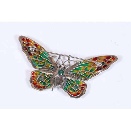 296 - Large silver plique-a-jour butterfly brooch set with emerald cabochons