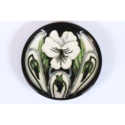 311 - Boxed Moorcroft Lily Flower Pattern dish / coaster 2003, marked to bottom 'KW', together with a Moor... 