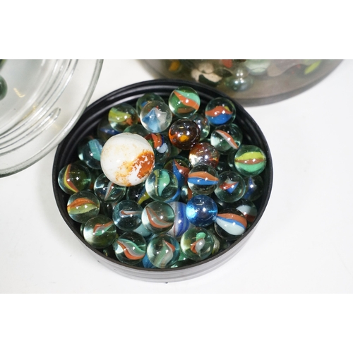 458 - Two glass jars of mixed vintage marbles in varying sizes