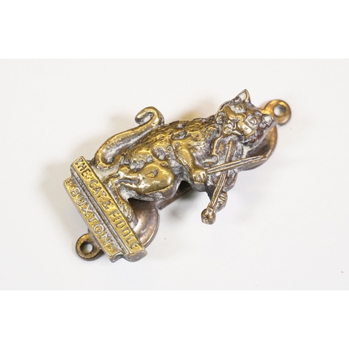 464 - Brass Art Nouveau door knocker together with others modelled as a grandfather clock, The cat and fid... 