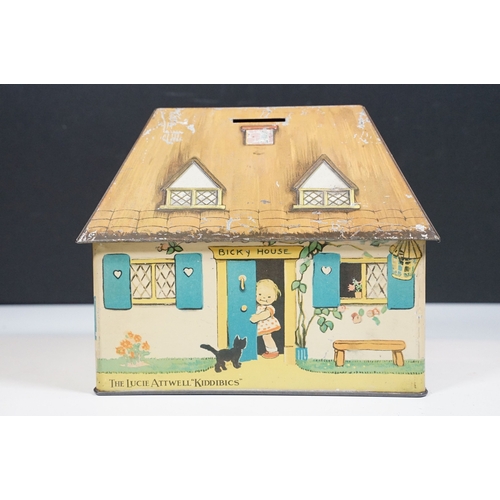 466 - William Crawford & Sons Ltd, Mabel Lucie Atwell 'Kiddibics' vintage biscuit money box in house shape... 