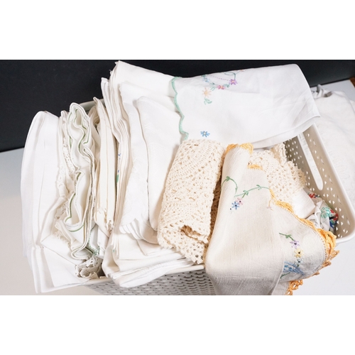 468 - Assortment of vintage embroidered table linen also to include two lace christening gowns, doilies, e... 