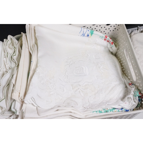 468 - Assortment of vintage embroidered table linen also to include two lace christening gowns, doilies, e... 