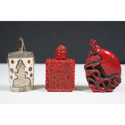 473 - Selection of carved oriental items to include framed examples, a figurine of a man, scent bottles an... 