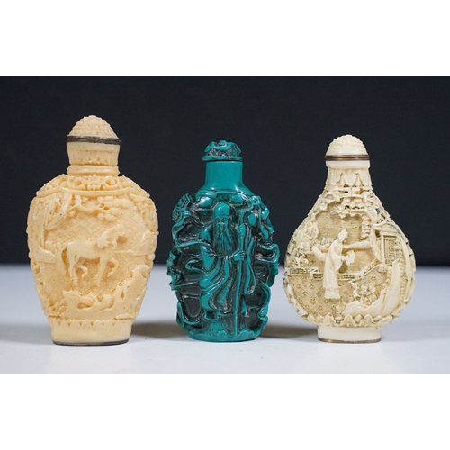 473 - Selection of carved oriental items to include framed examples, a figurine of a man, scent bottles an... 