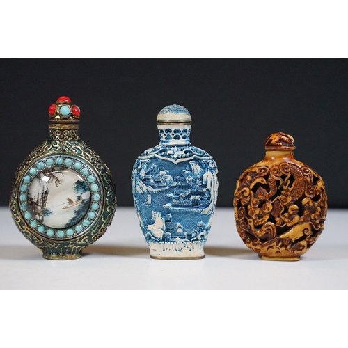 473 - Selection of carved oriental items to include framed examples, a figurine of a man, scent bottles an... 