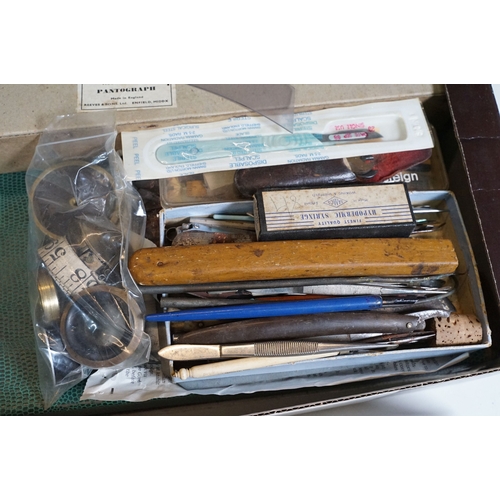 479 - Collection of drawing tools and accessories to include panthograph, drawing scales, scale rulers, br... 