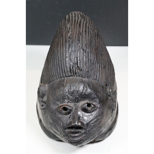 496 - Carved wooden tribal art mask and artefacts including a handled bowl