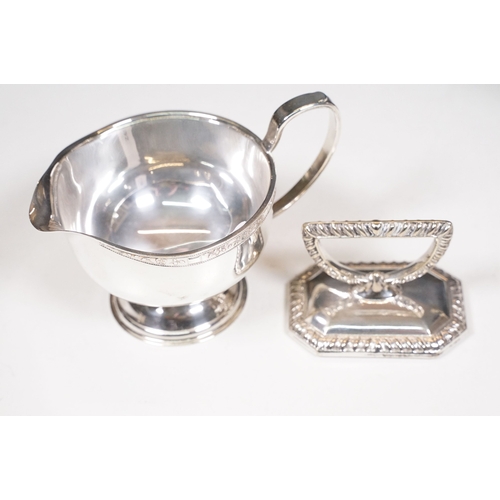 503 - Collection of silver plate items to include three branch candlestick holder, posy bowl, open work se... 