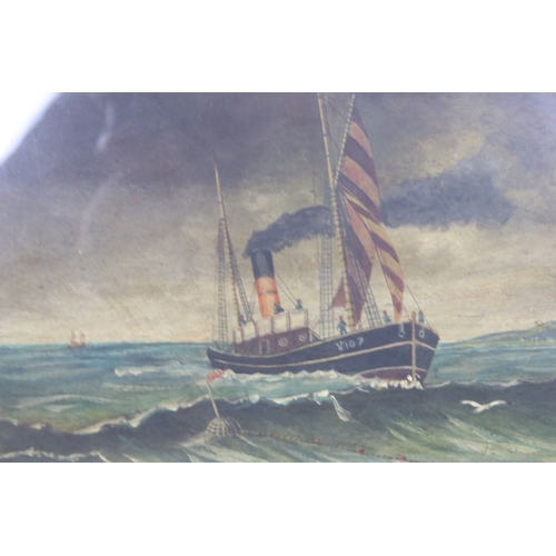 535 - Gibbon, steam coaster vessel at sea, mixed media, signed lower right (initial indistinct), 23 x 30.5... 