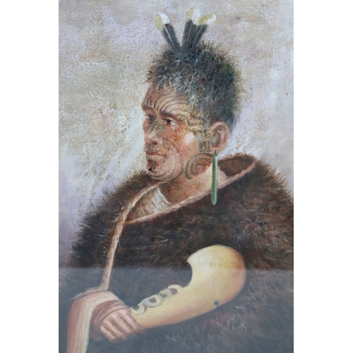 544 - Portrait of a Maori warrior holding a patu club, oil painting, 28.5 x 18.5cm, framed and glazed