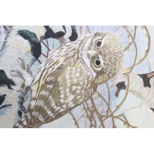 547 - V Geeson, three: Tawney Owl, embroidery, signed and titled lower right, 26 x 21cm, Nuthatch, embroid... 