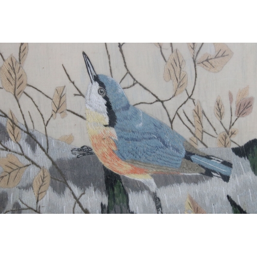 547 - V Geeson, three: Tawney Owl, embroidery, signed and titled lower right, 26 x 21cm, Nuthatch, embroid... 