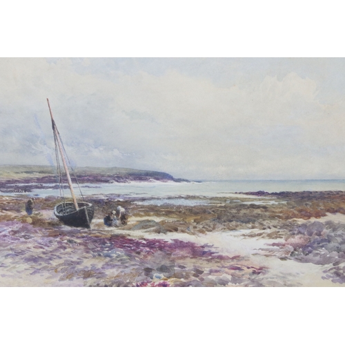 552 - Henry Measham (British, 1844 - 1922), extensive coastal scene at low tide with fisherfolk and beache... 