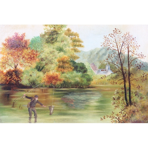 555 - Early 20th century English school, fisherman in a landscape scene, oil on canvas, initialled lower r... 