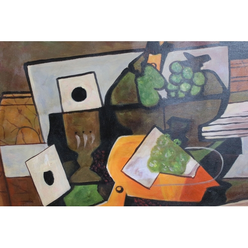 558 - Cubist still life study, oil on canvas, gallery label verso, 39 x 55cm, studio framed