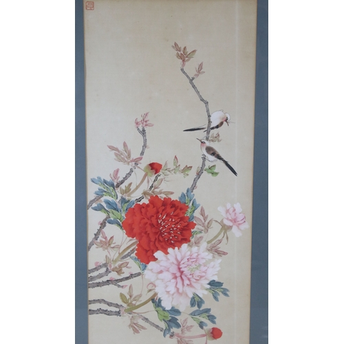 560 - Oriental school, birds perched on a branch with flowering blooms, red character seal upper left, pen... 