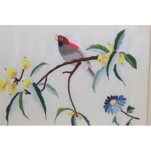 560 - Oriental school, birds perched on a branch with flowering blooms, red character seal upper left, pen... 