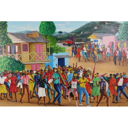 562 - Max Pasquier, carnival street scene in Haiti, oil on board, signed lower right, 60.5 x 75cm, bamboo ... 