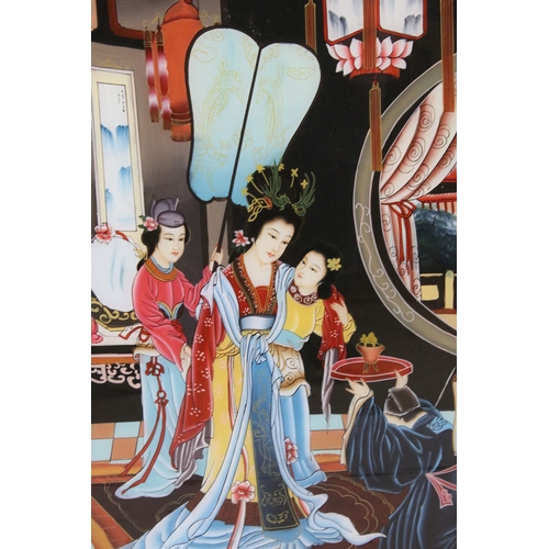 563 - 20th century Oriental school, a pair: scene depicting traditionally dressed ladies playing games, re... 