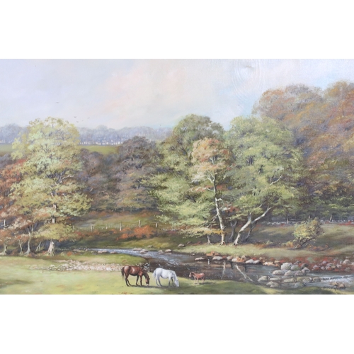 570 - George Horne (British, 20th century), landscape scene with horses and foal grazing by a stream, oil ... 