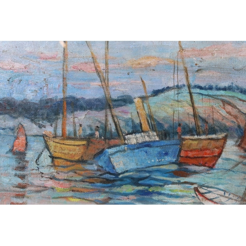 571 - Impressionist school, coastal scene with fishing boats at anchor and rolling hills beyond, oil on bo... 