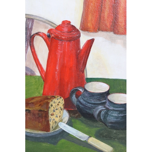 572 - Patrick Hoban, still life study of coffee pot, mugs and a currant cake, oil on board, signed lower r... 