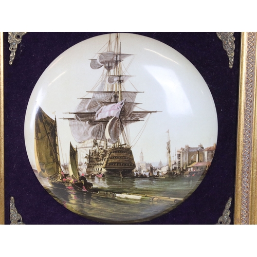 573 - Circular porcelain plaque printed with John Ward's Return to Harbour scene, 19cm diameter, in ornate... 