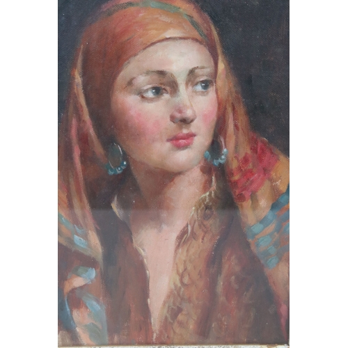 574 - Portrait of a young woman in traditional costume and headdress, oil, 29 x 17cm, gilt framed and glaz... 