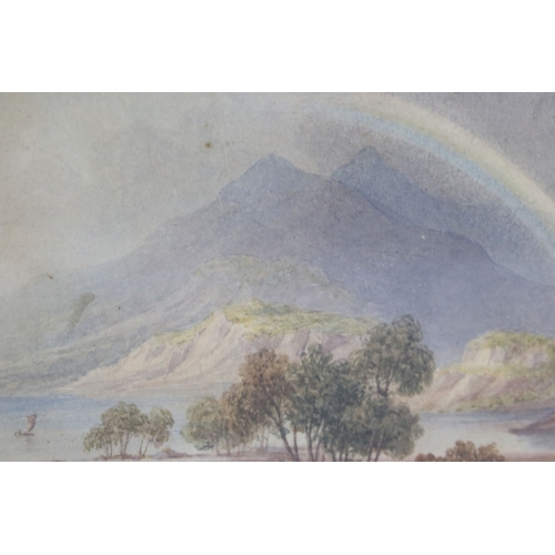 583 - Early 20th century Scottish school, loch scene with mountains and rainbow beyond, watercolour, 8.5 x... 