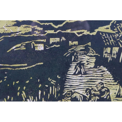 585 - Peter Arnold, country landscape with farmfolk collecting the harvest, lino cut, 21.5 x 26.5cm, frame... 