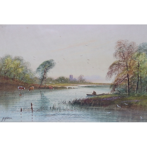 587 - A Hines, country river view with cattle and fisherman in boat, watercolour, 17 x 25cm, framed and gl... 