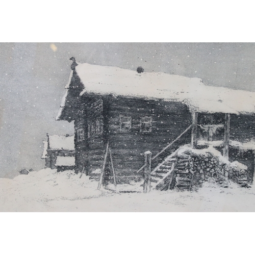 588 - Russian school, snowy village scene, etching, signed indistinctly lower right and dated '62, titled ... 