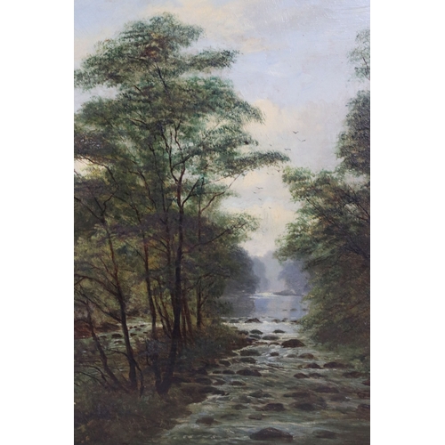 589 - Early 20th century English school, river landscape scene - 'The Meeting of the Water Bolton Woods', ... 