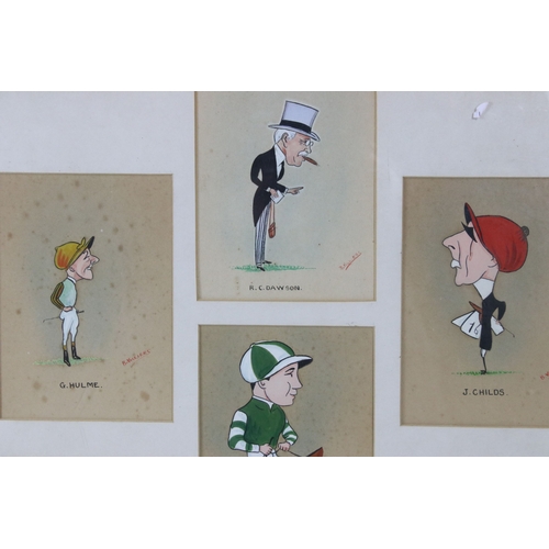 592 - B Villiers, set of six caricatures, mainly jockeys - comprising: G Hulme, B Carslake, H Wragg, J Chi... 