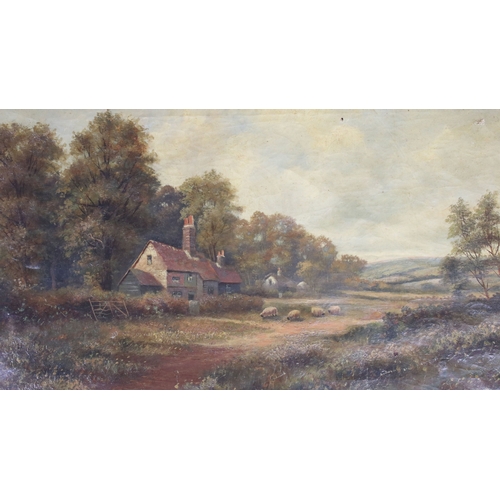 597 - J Owen, a pair: rural landscape scene with cottages, ducks by a pond and figures, oil on canvas, sig... 