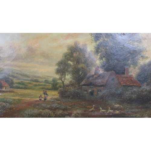 597 - J Owen, a pair: rural landscape scene with cottages, ducks by a pond and figures, oil on canvas, sig... 